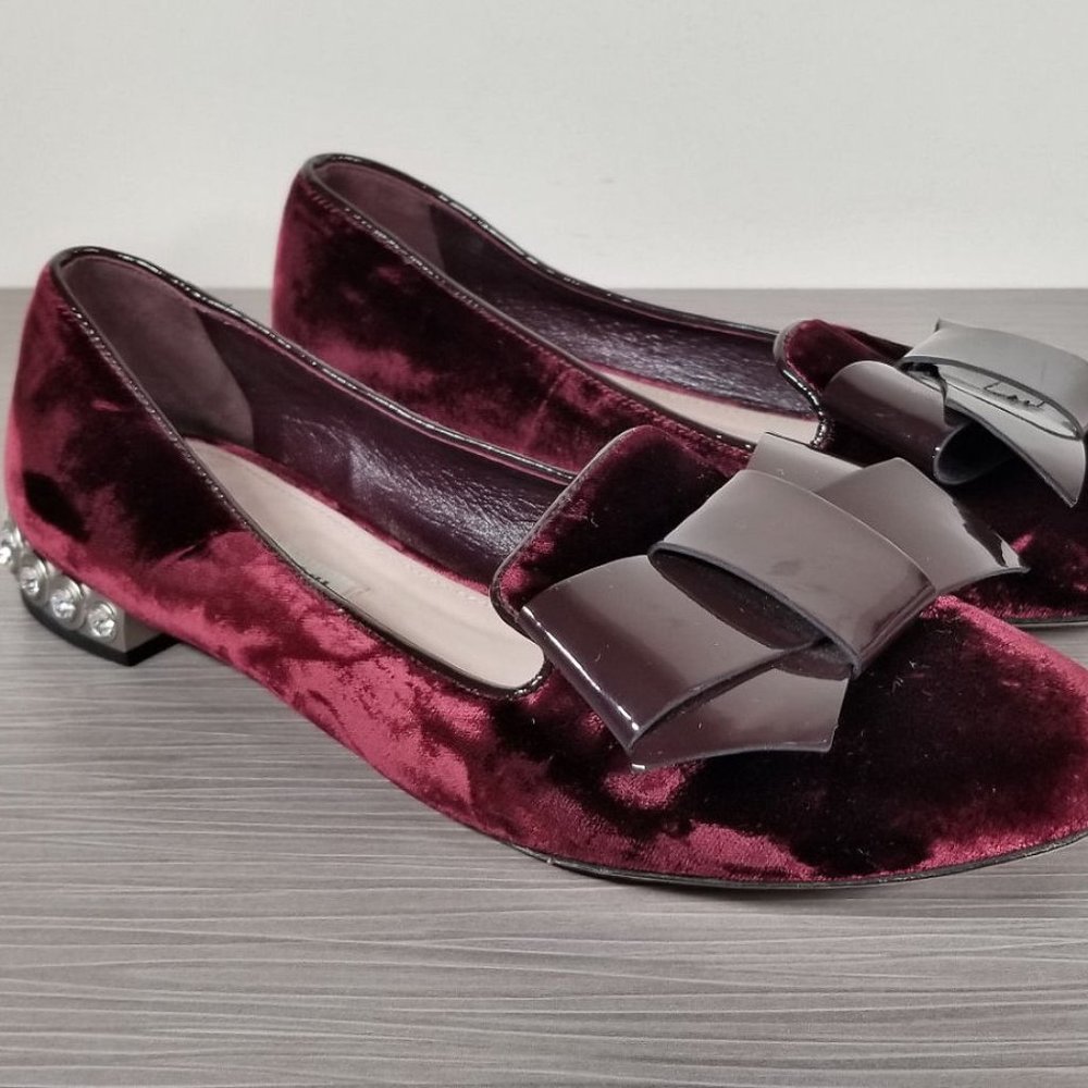 Miu Miu Velvet Swarovski Crystal Heel Bow Flats, Red Womens Size 7 / 37